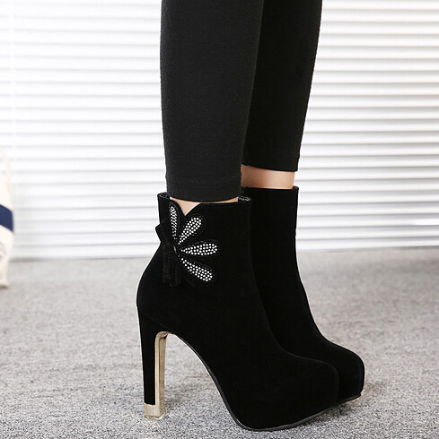 Sexy Black Rhinestone Embellished High Heel Boots on Luulla