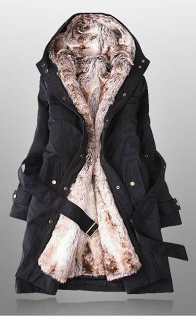 Black Faux Fur Lined Warm Winter Coat