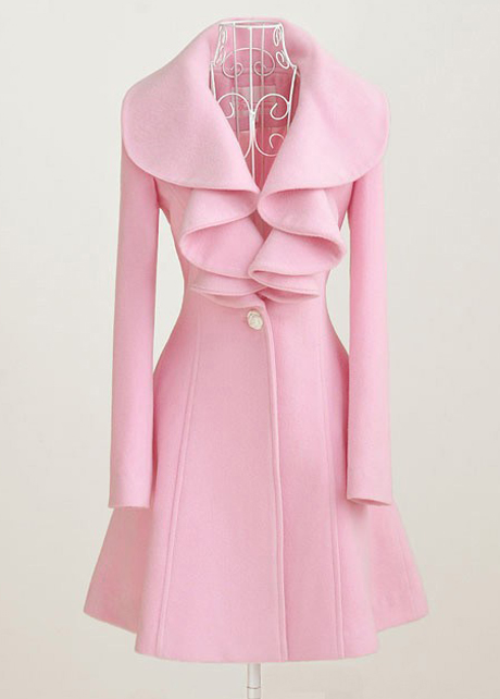 Classy Pink Ruffled Collar Design Winter Coat