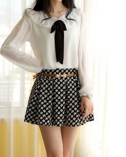 Adorable Ruffled Neckline Chiffon Blouse With Bow on Luulla