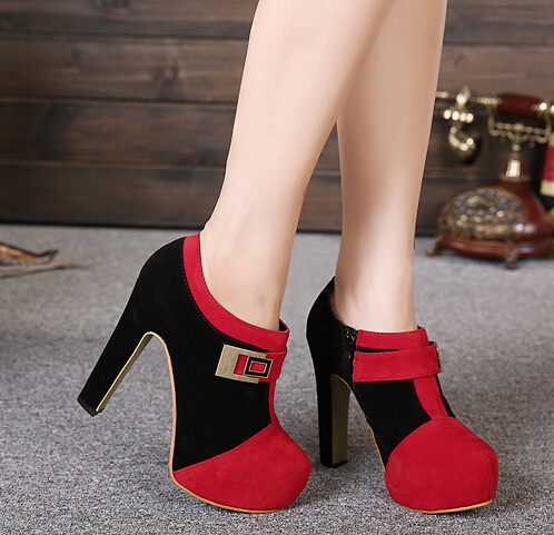 Suede Color Block Side Zipper Round Toe Chunky Heel Red Pumps