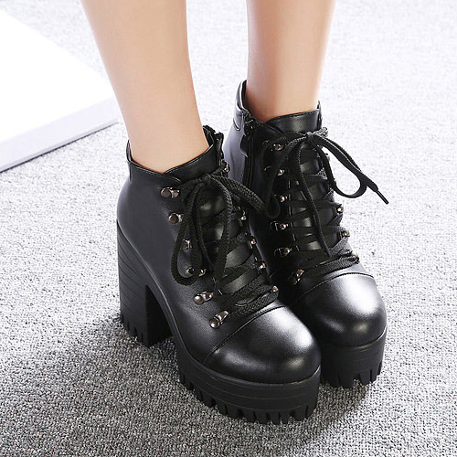 Winter Fashion Lace-up Platform Chunky Heel Black Boots on Luulla