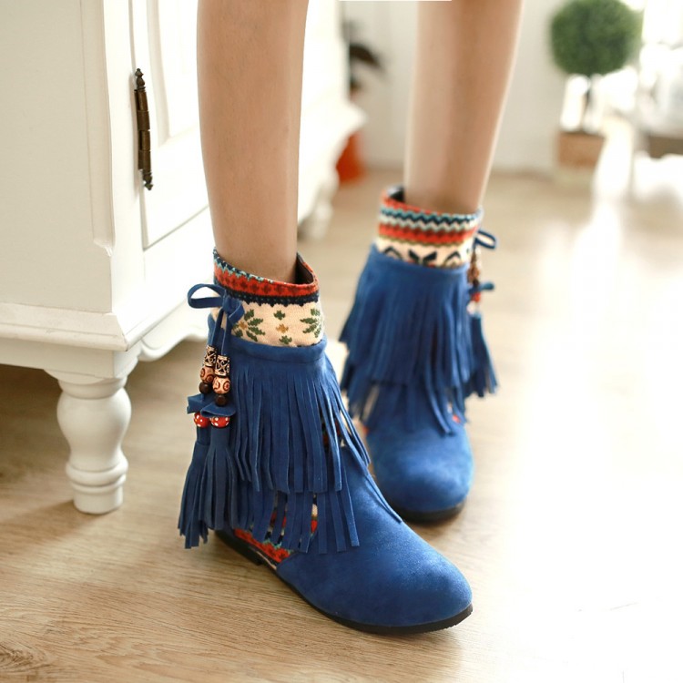 Winter Fashion Round Toe Tassels Design Mid Heel Blue Suede Ankle Boots