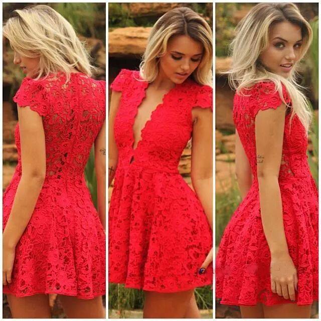 Red lace v neck dress Clearance