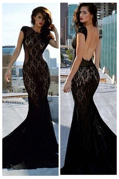 Gorgeous Chiffon And Lace Backless Floor Length Black Mermaid Dress