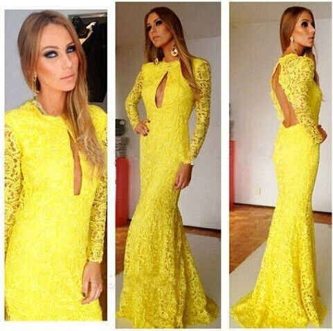 Sexy O Neck Long Sleeves Backless Front Open-work Yellow Lace Straight Floor Length Dress