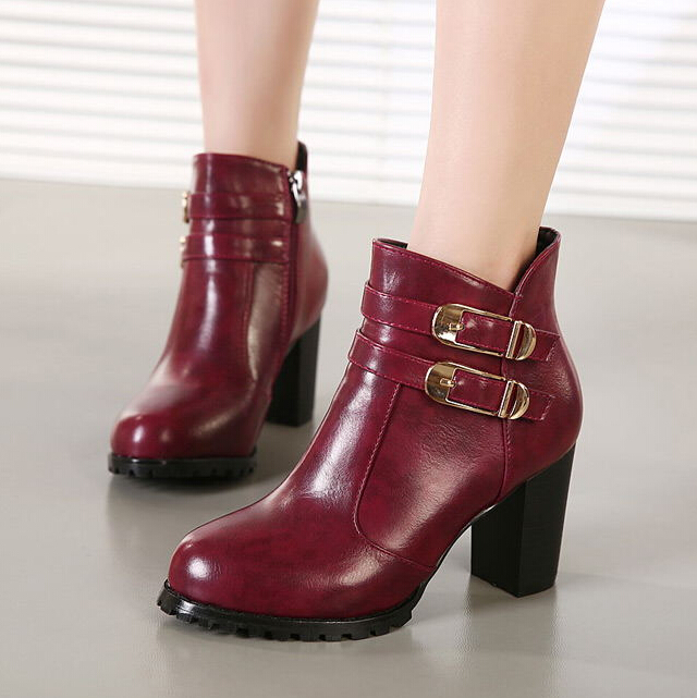 red chunky heel boot