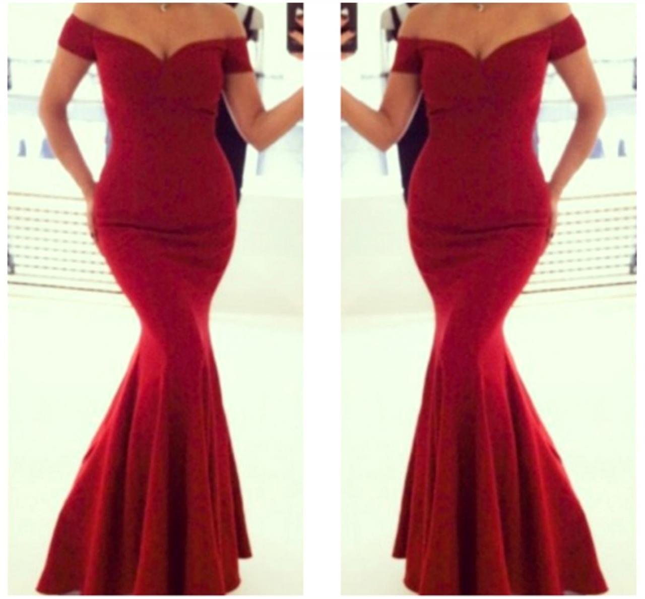 Red Chiffon Off-the-shoulder Plunge V Floor Length Mermaid Prom Dress, Formal Dress