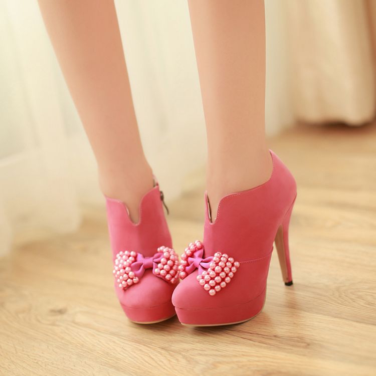Cute Pink Side Zip Bow Embellished High Heels Fashion Shoes