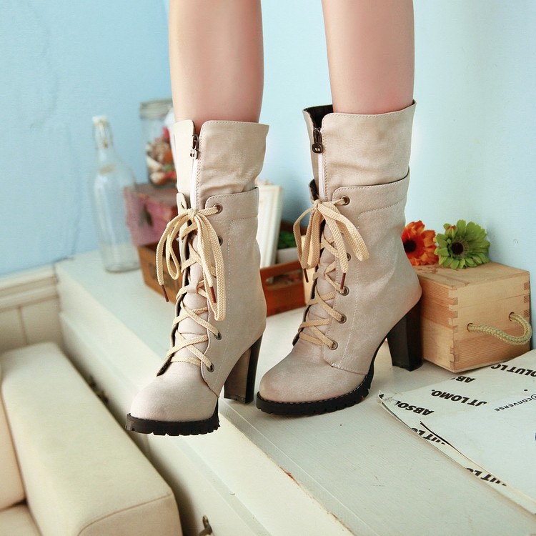 Classy Lace Up Front Zip Chunky Heel Fashion Boots on Luulla