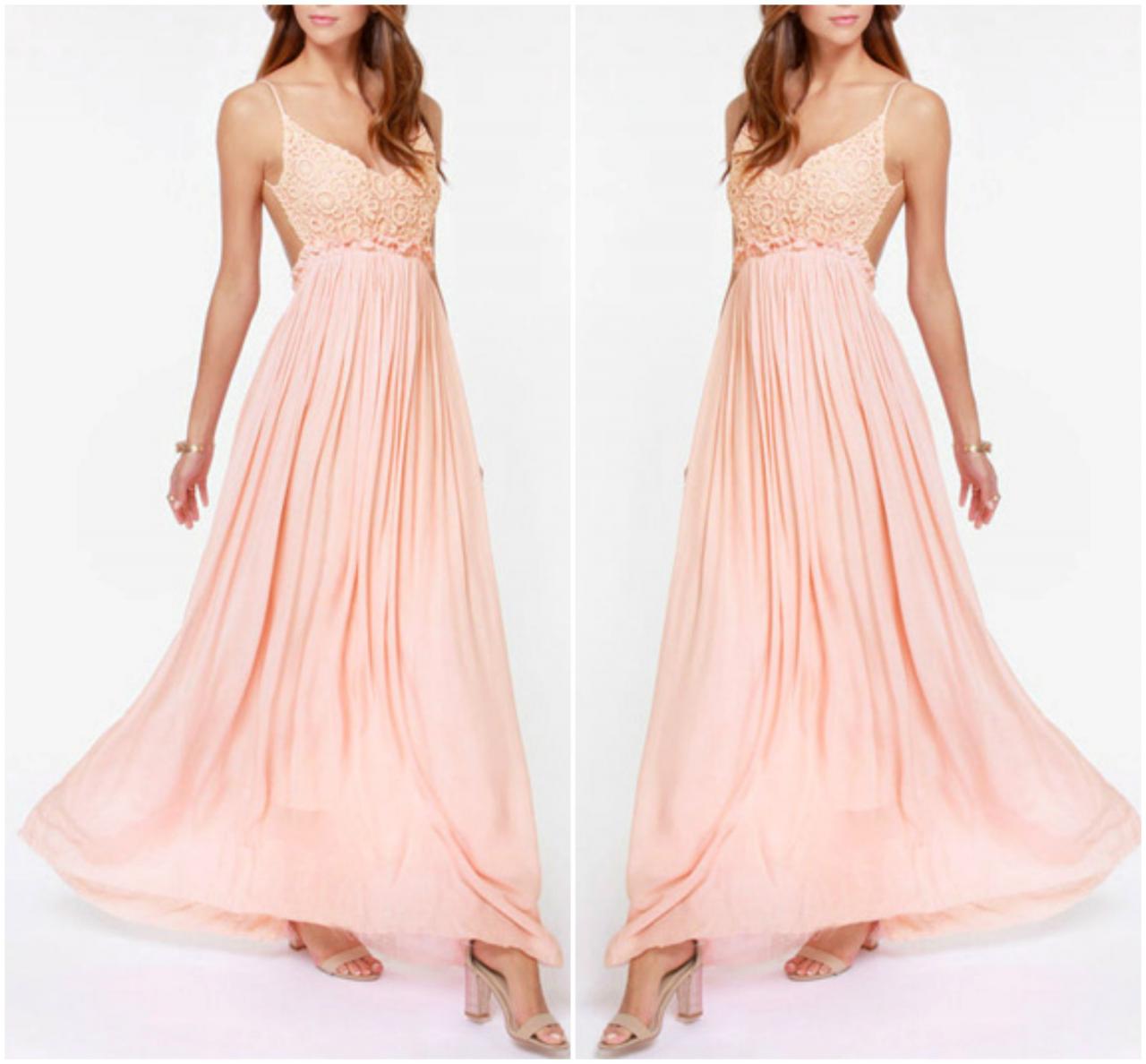 Gorgeous Pink Lace And Chiffon Long Backless Dress on Luulla