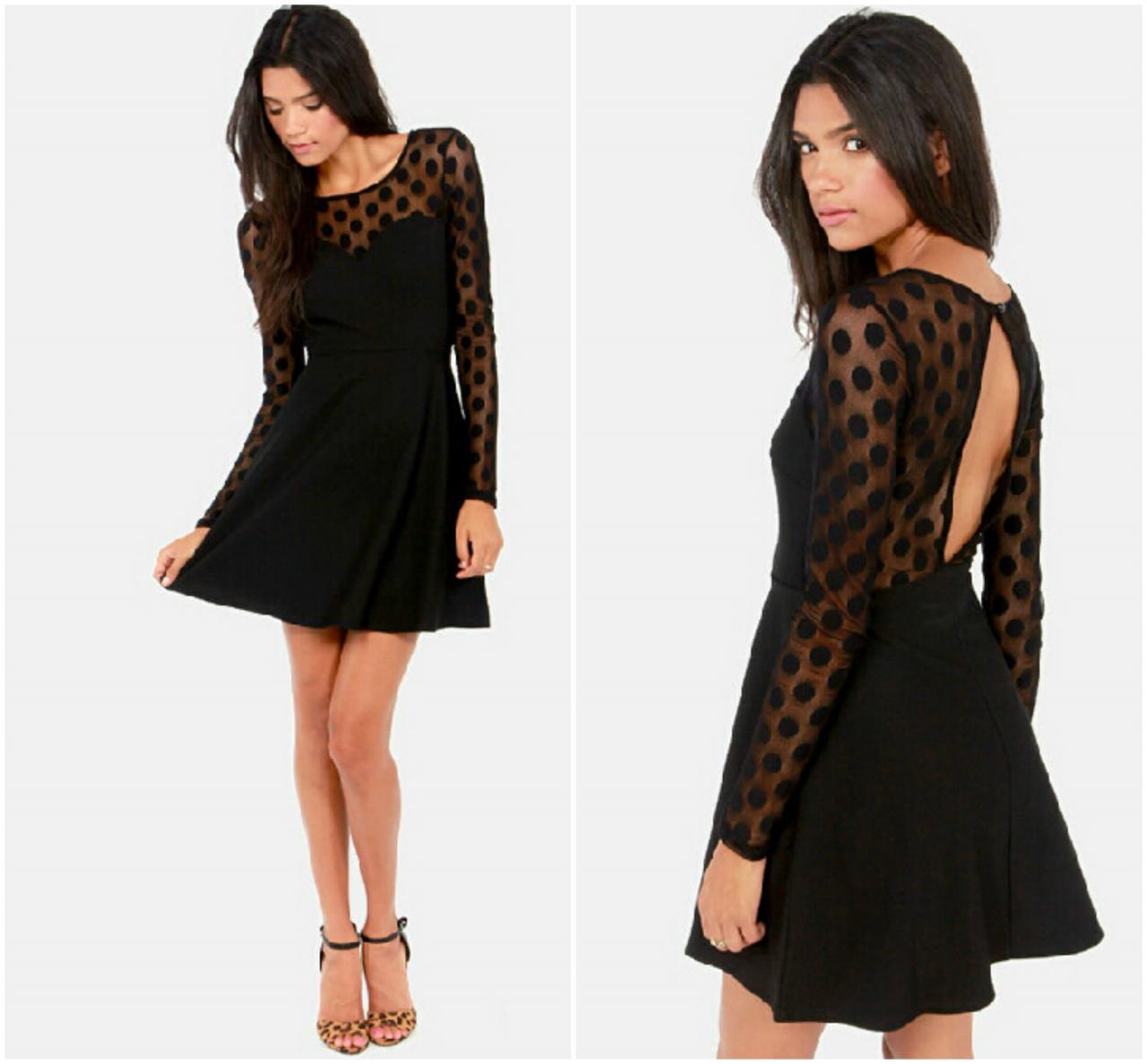 Chic Black Polka Dots Design Long Sleeve Dress on Luulla