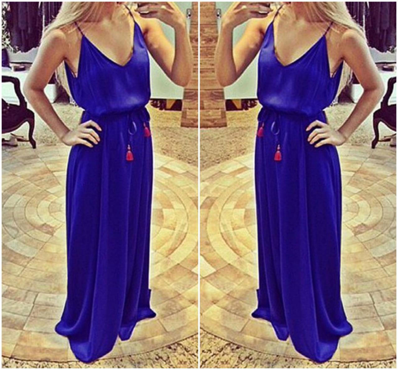 blue spaghetti strap maxi dress