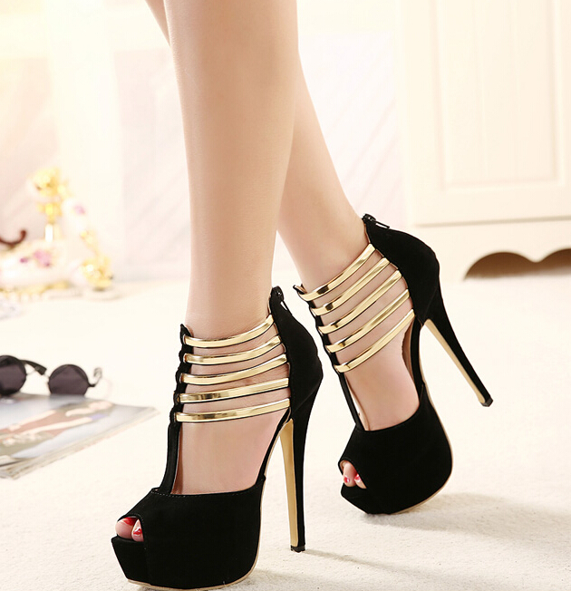 Strappy Black and Gold Peep toe High Heels Shoes