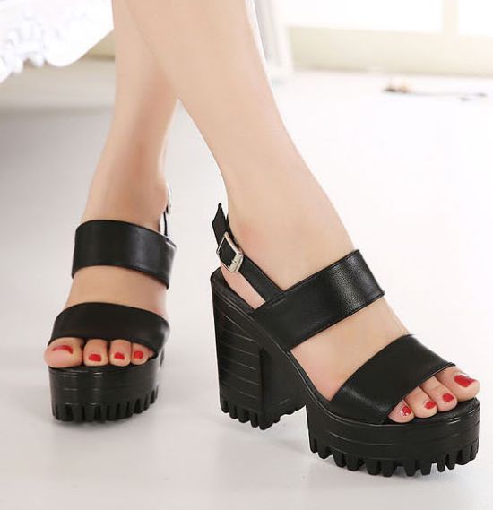 Black Double Strap Chunky Heels Sandals on Luulla