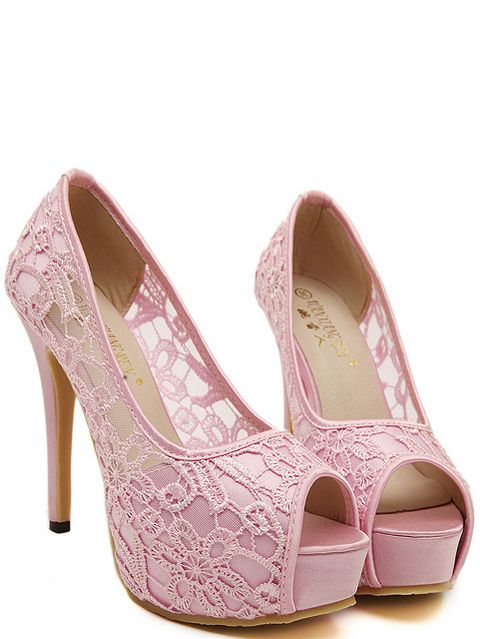 Peep toe Pink Lace Detail High Heels Shoes