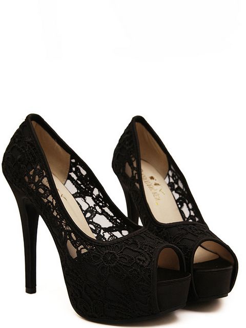 Black Lace Design Peep Toe High Heels Shoes