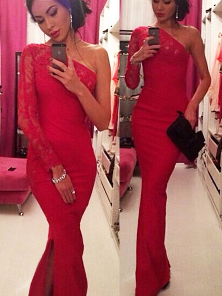 One Shoulder Sleeveless Lace Dress With Sash Red Plus Size main image 0