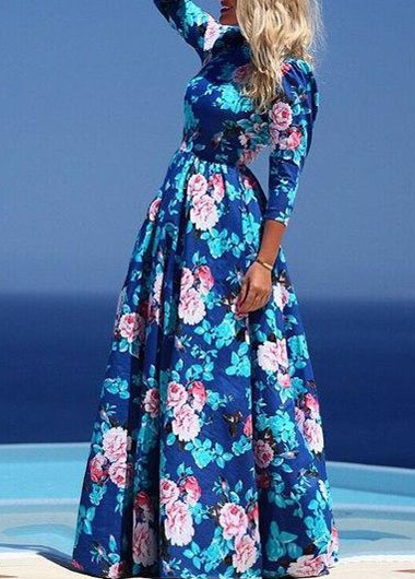 Navy Blue Floral Print Maxi Dress