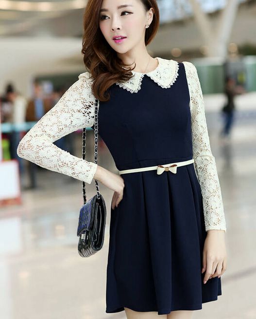 Long Sleeve Doll Collar Lace Dress on Luulla