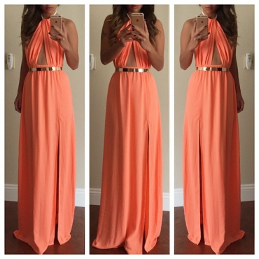 Halter Light Orange Maxi Dress With Slit