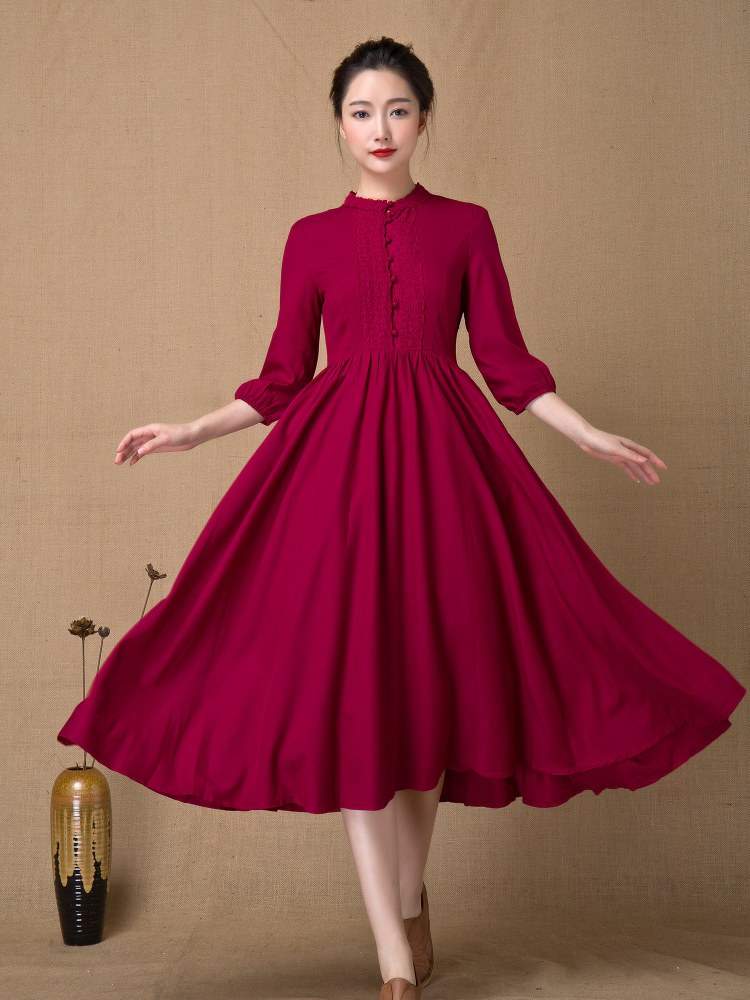 Elegant Wine Red Long Sleeve Dress on Luulla