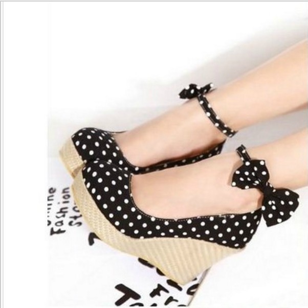 Polka Dot Wedges Heels with Bow Accent Ankle Straps