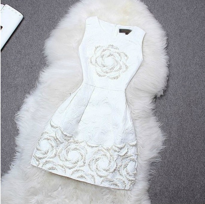 White Pearl Beaded Sleeveless Dress