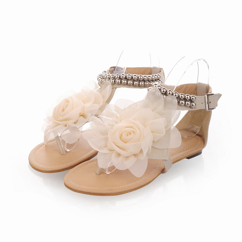 Rose Flat Sandals With Ankle Straps Adorned With Beads on Luulla