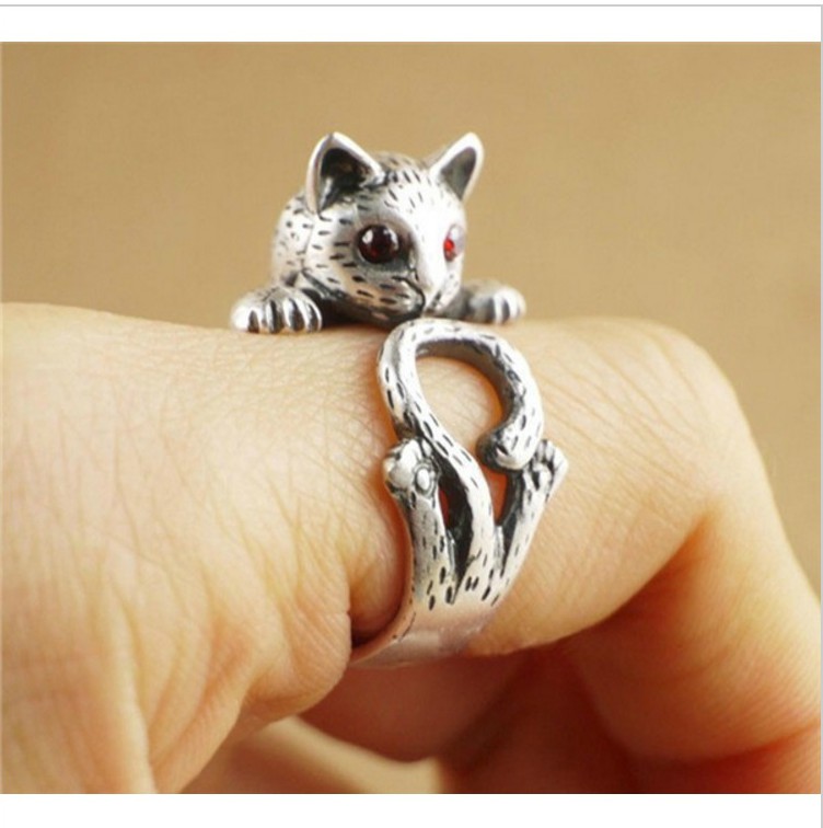 Cat Animal Ring with Red Jewel Eyes Jewellery - Silver / Black / Gold