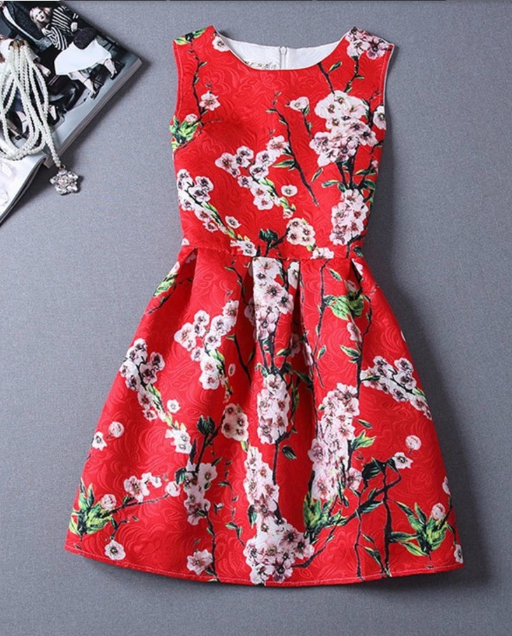 Elegant Red A Line Dress With Cherry Blossoms on Luulla