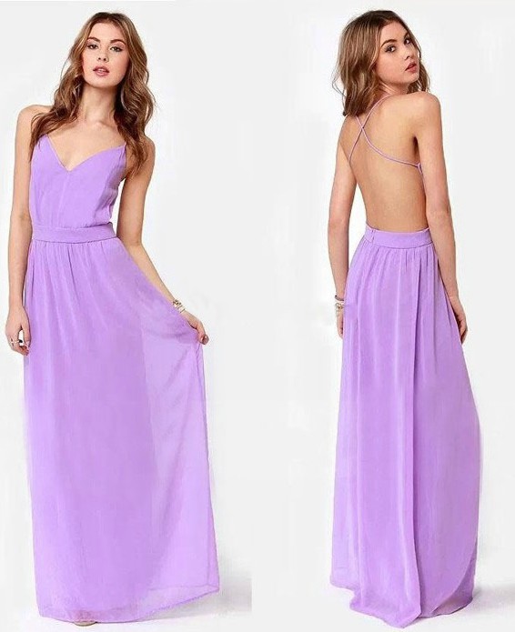 Purple Chiffon Maxi Featuring Plunging Neck And Open Back Detailing