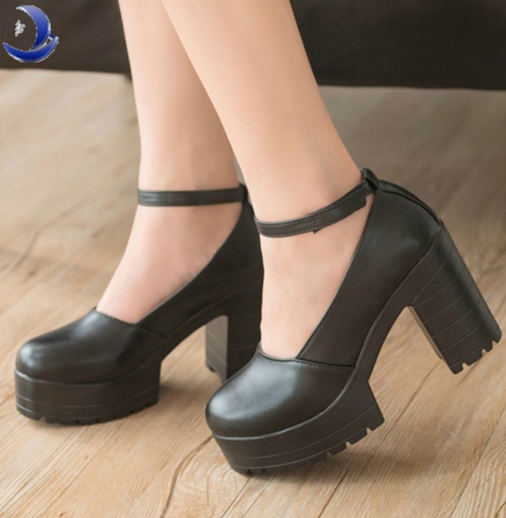 Round Toe Leather Chunky High Heel Platform With Ankle Strap