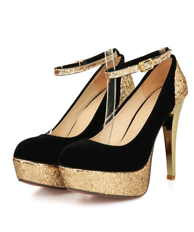 Glittery and Shimmery Rounded Toe High Heel Pumps with Ankle Strap