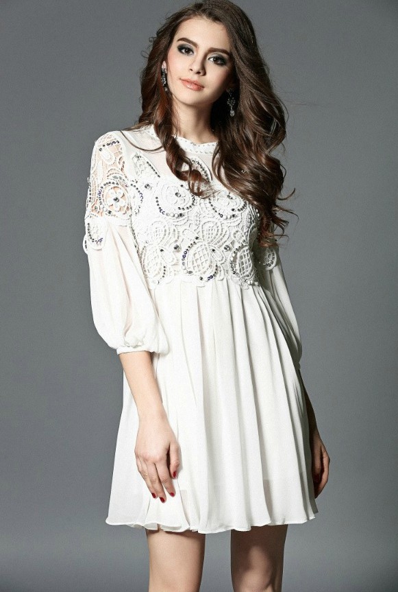 Lace And Chiffon Beaded Party Dress In White