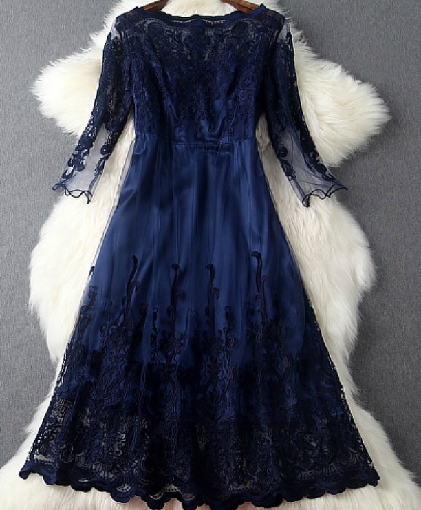 Blue Ball Gown Design Lace Evening Dress