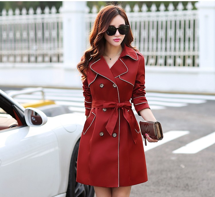 Double Breasted Red Slim Trench Coat For Women on Luulla