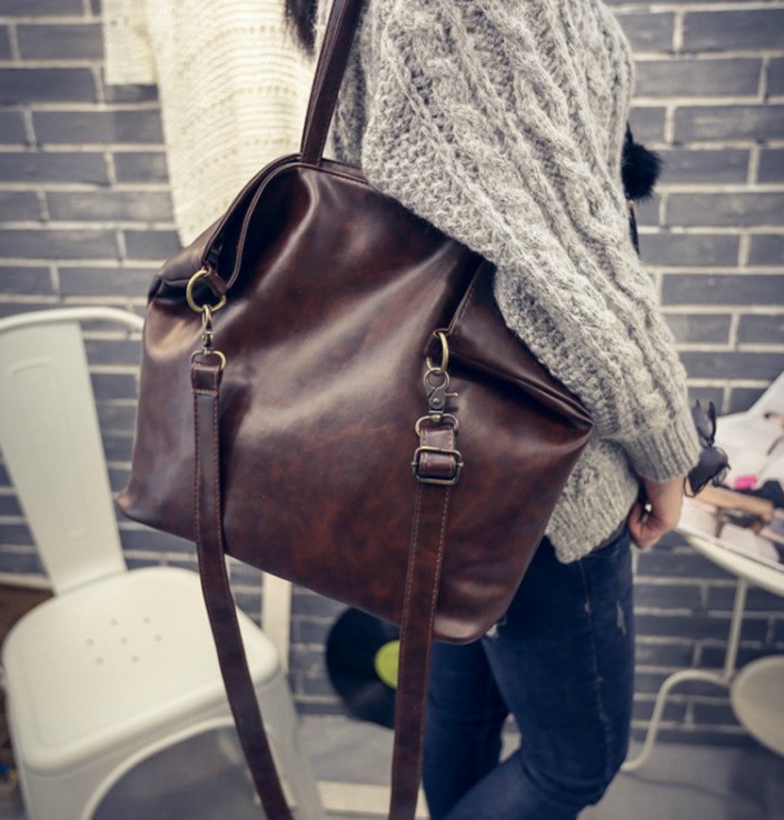 Vintage Design Leather Casual Handbag In Black And Brown