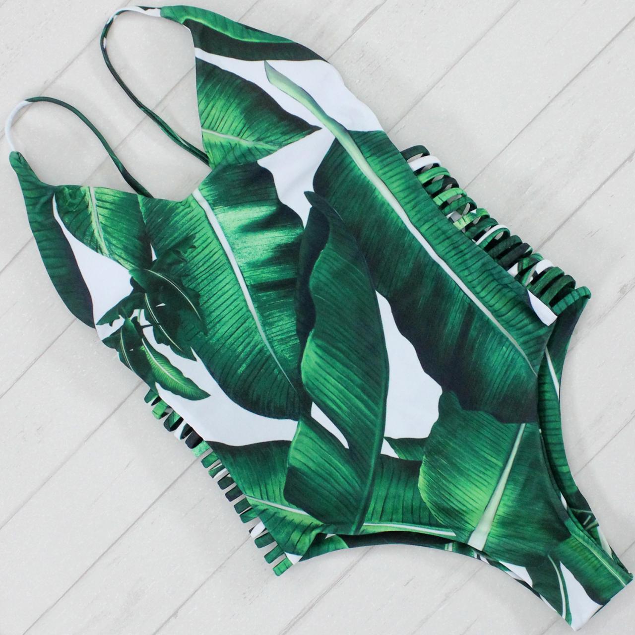 Green Leaf Print One Piece Swimsuit