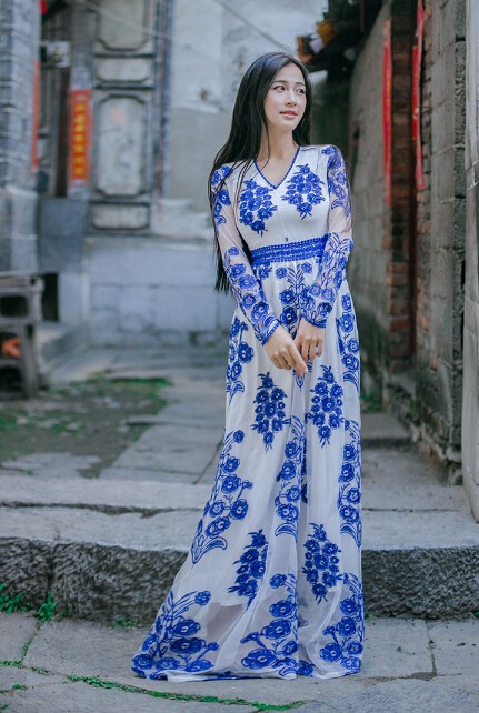 Elegant Deep V Collar Embroidery Blue And White Long Sleeve Dress