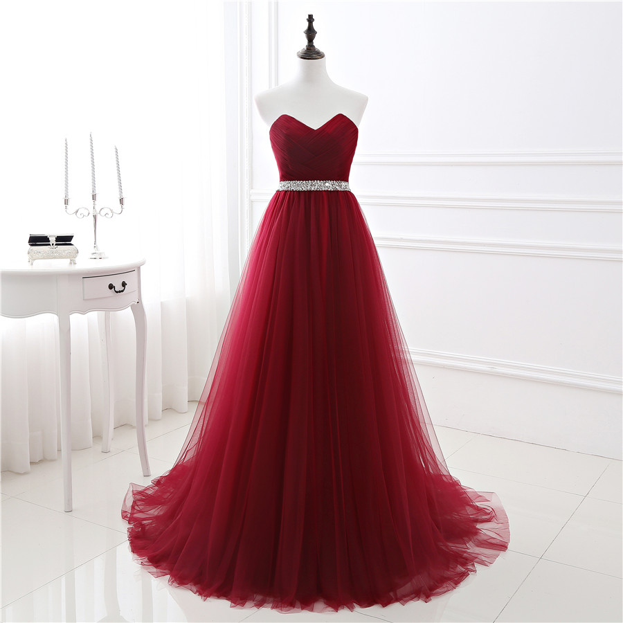 A-line Soft Tulle Burgundy Prom Evening Dress