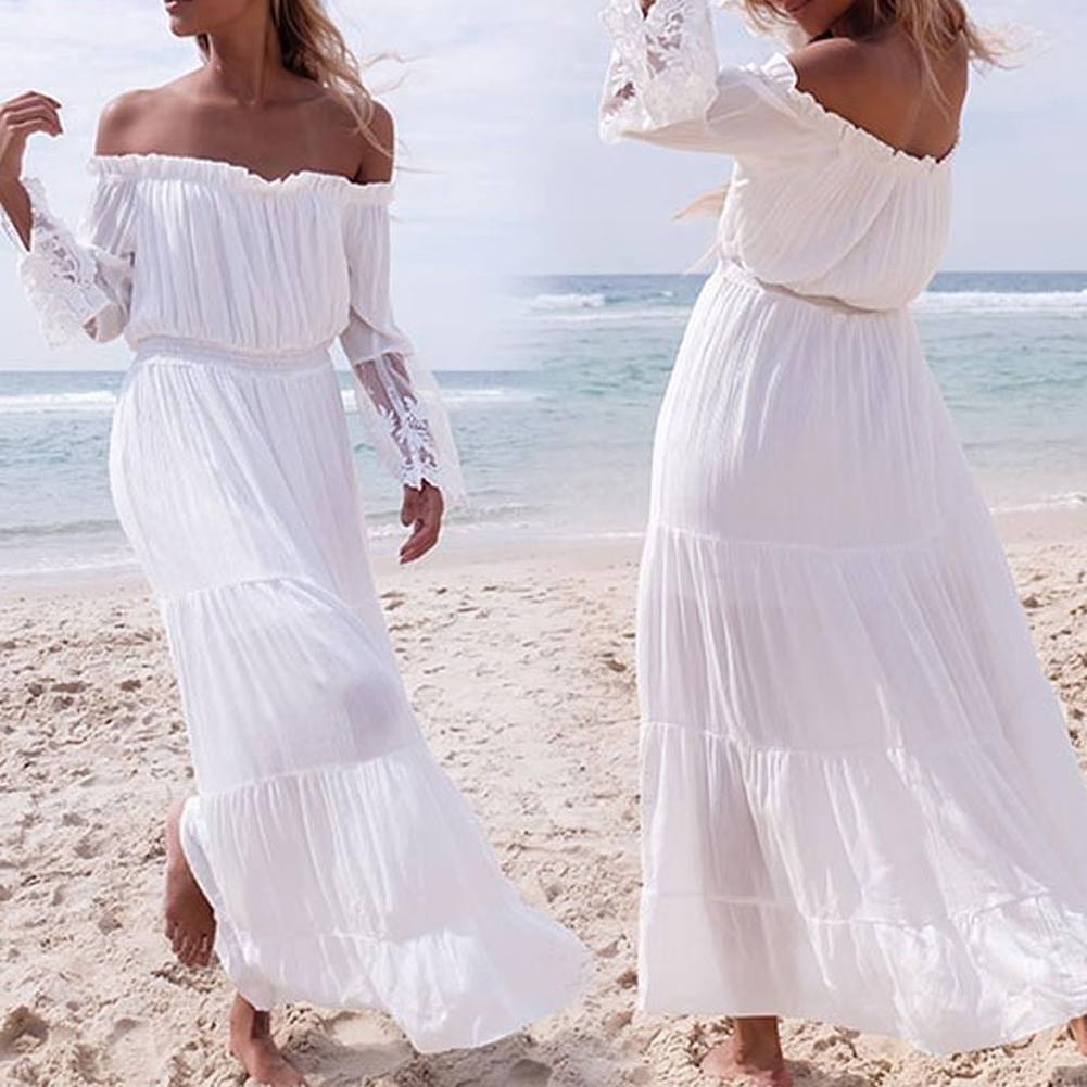 Off Shoulder White Lace And Chiffon Summer Maxi Dress on Luulla