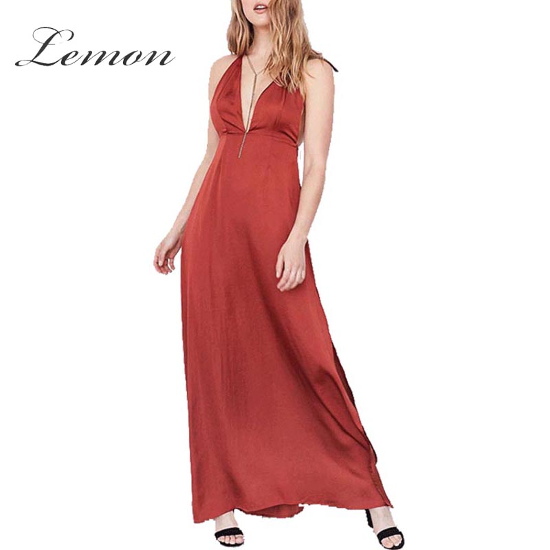 Satin Plunge V Tie-neck Maxi Dress Featuring Open Back And Slit