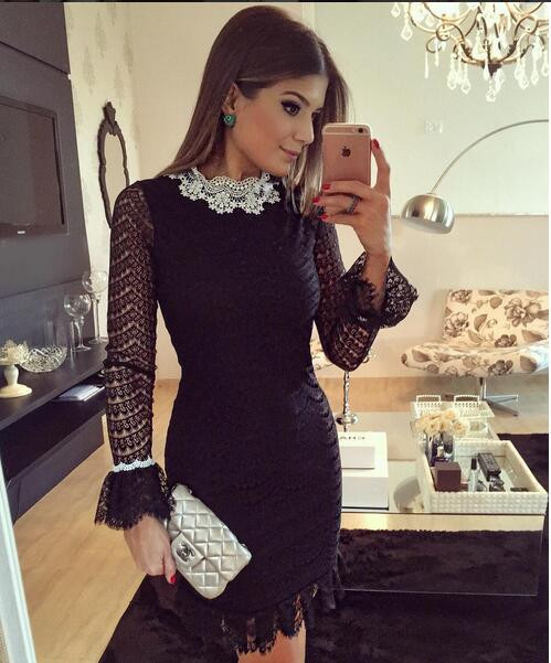 Spring And Summer Black Long Sleeve Lace Dress