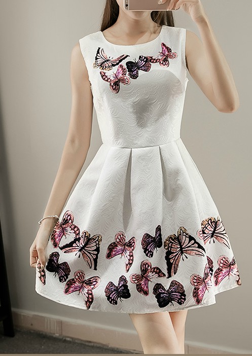 Butterfly Printed White Sleeveless Summer Dress