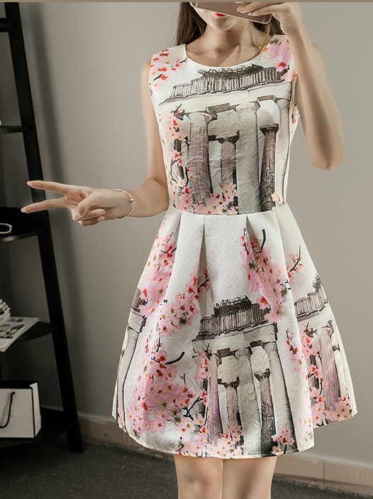 Cherry Blossom Printed Sleeveless Spring and Summer Dress