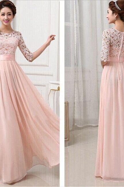 Pink Lace and Chiffon Floor Length Dress