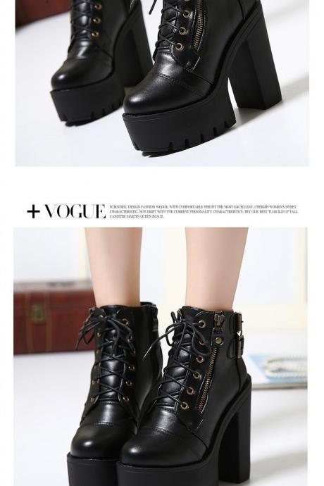 Black Lace up Chunky Heel Fashion Boots