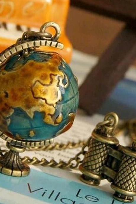 Travel Theme World Globe and Binoculars Charm Necklace 