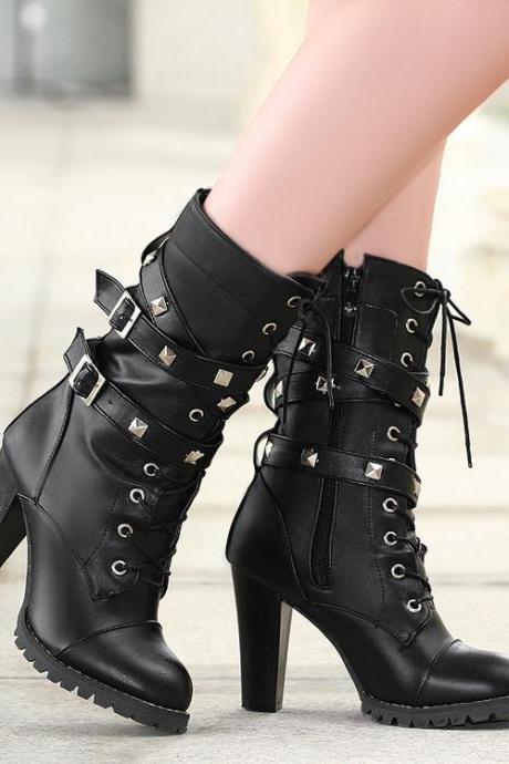 Studded Chunky Heel Autumn And Winter Boots In Black And White